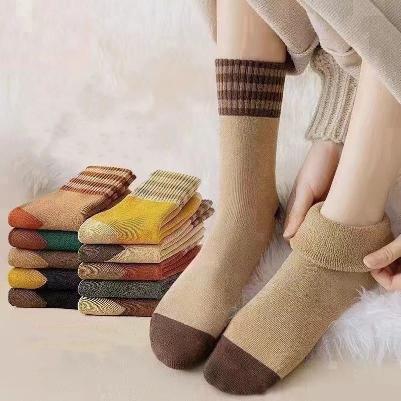 Set 5 Đôi Tất Kẻ Lót Lông Vintage Cực Mềm Mại, Giữ Ấm Siêu Dầy