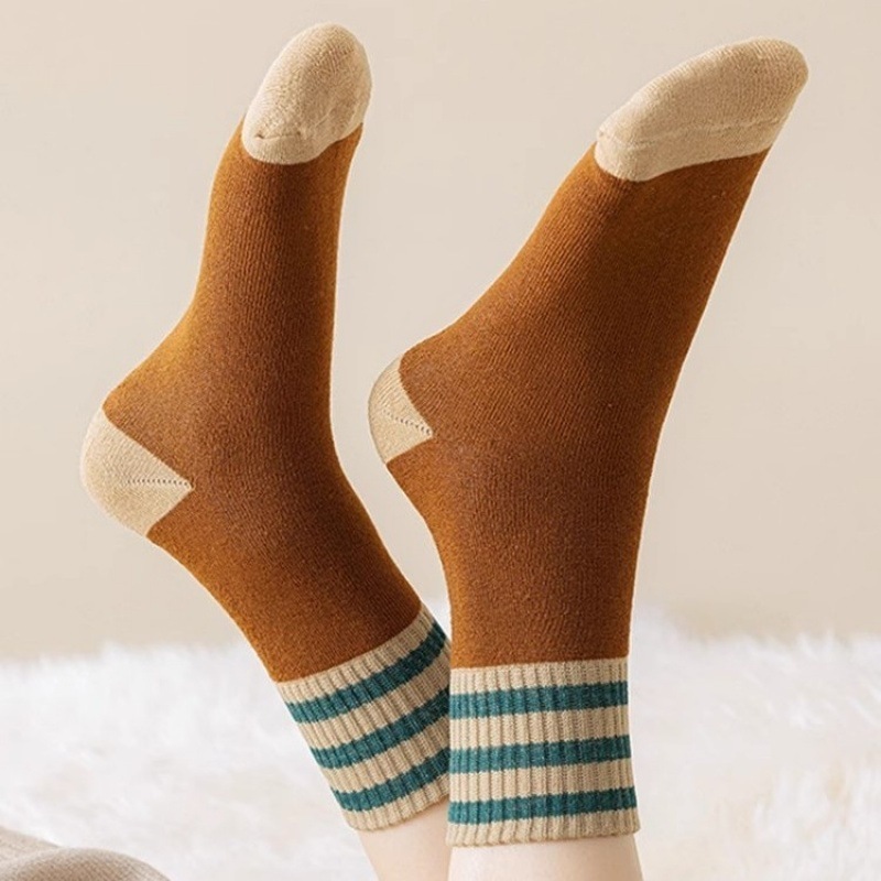 Set 5 Đôi Tất Kẻ Lót Lông Vintage Cực Mềm Mại, Giữ Ấm Siêu Dầy