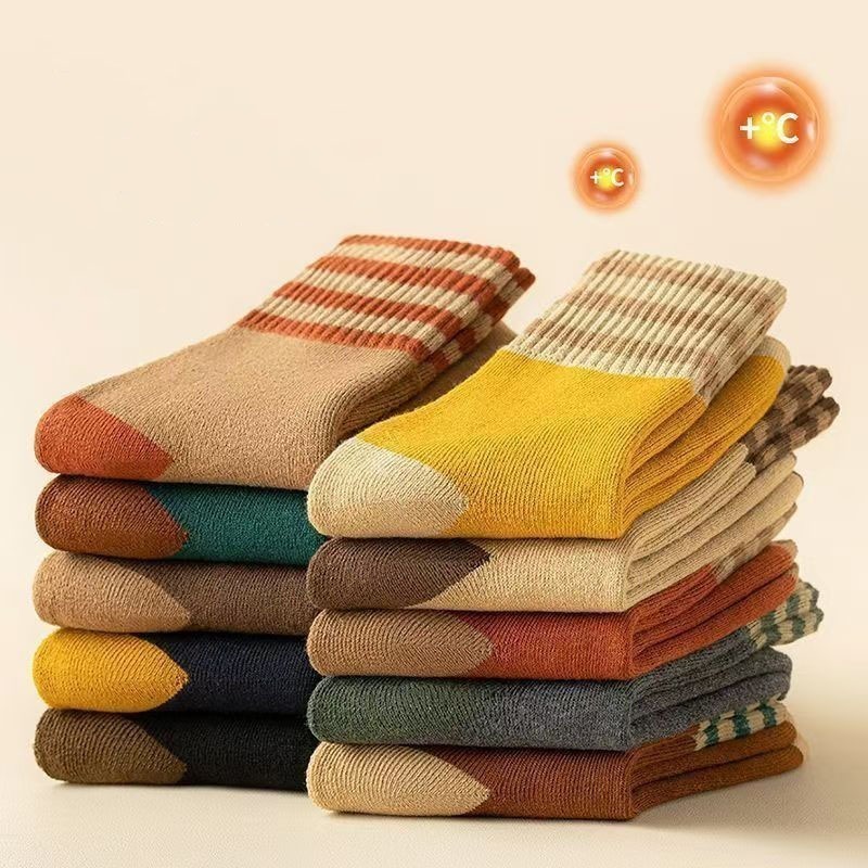 Set 5 Đôi Tất Kẻ Lót Lông Vintage Cực Mềm Mại, Giữ Ấm Siêu Dầy