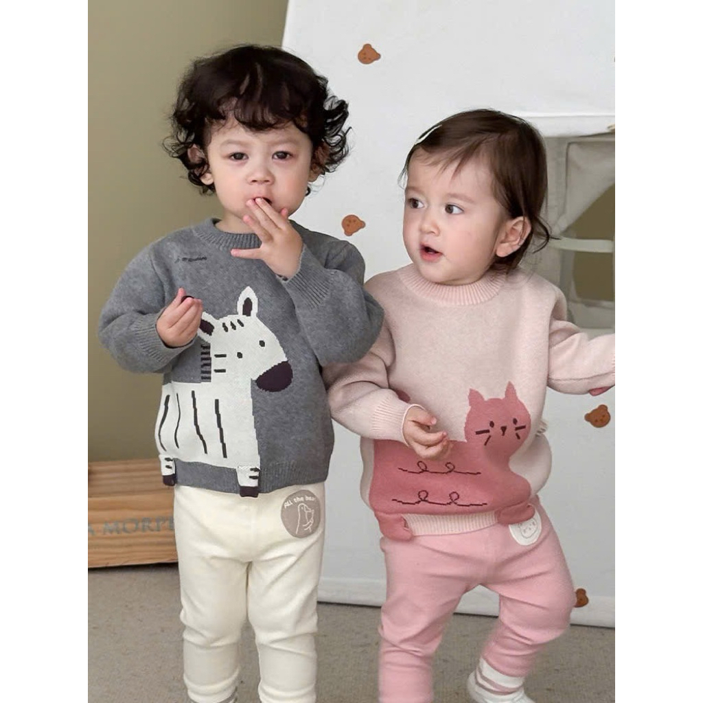 (Sẵn 80) Áo len dệt hàng dày dặn hoạ tiết con vật lồi chân ngộ nghĩnh cho bé trai - bé gái