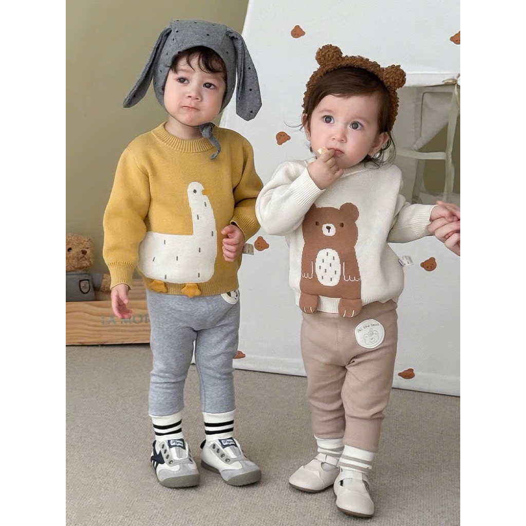 (Sẵn 80) Áo len dệt hàng dày dặn hoạ tiết con vật lồi chân ngộ nghĩnh cho bé trai - bé gái