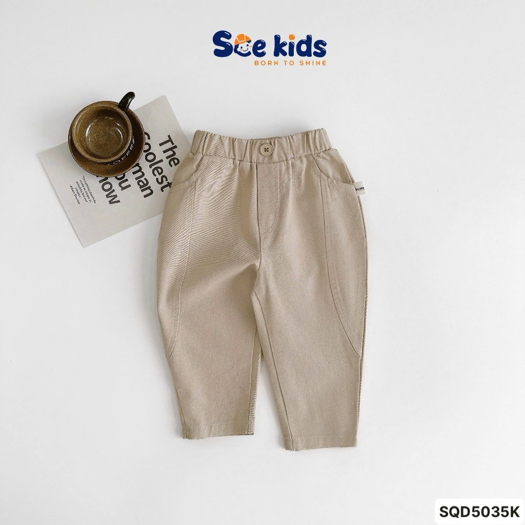 Quần kaki mềm basic bé trai, quần kaki trơn baggy phối viền kẻ cá tính cho bé