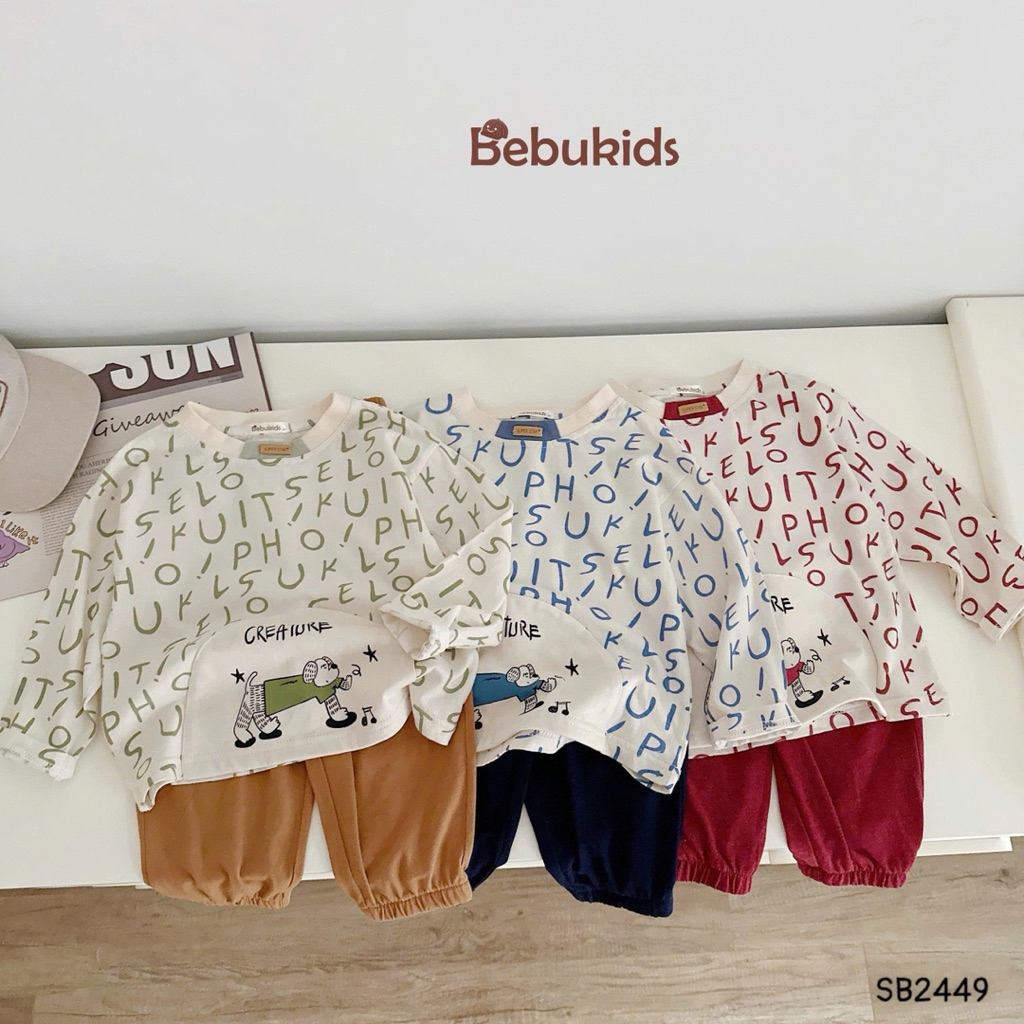 Set dài tay in tràn chữ cái Bebukids màu sắc bắt mắt chất liệu cotton 2 chiều mềm mại cho bé 8-21kg