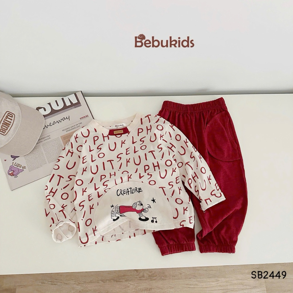 Set dài tay in tràn chữ cái Bebukids màu sắc bắt mắt chất liệu cotton 2 chiều mềm mại cho bé 8-21kg