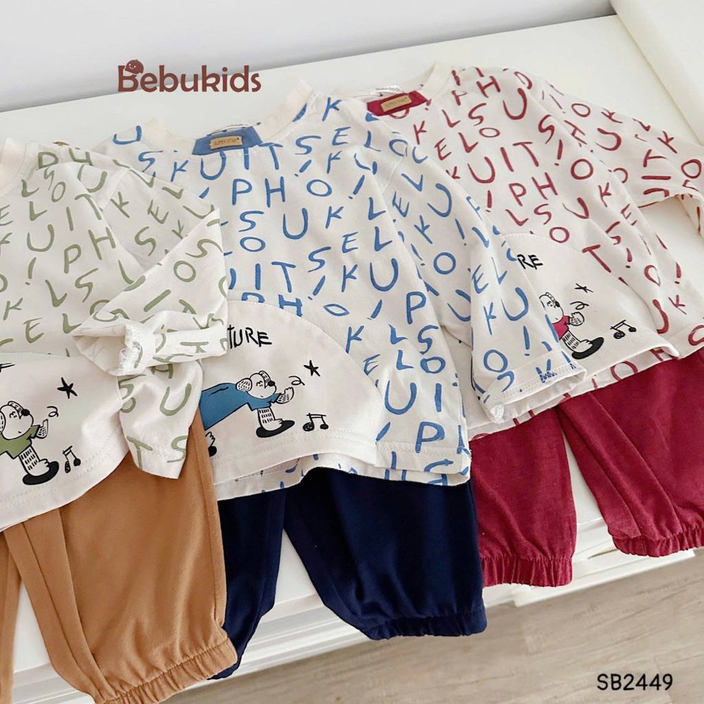 Set dài tay in tràn chữ cái Bebukids màu sắc bắt mắt chất liệu cotton 2 chiều mềm mại cho bé 8-21kg