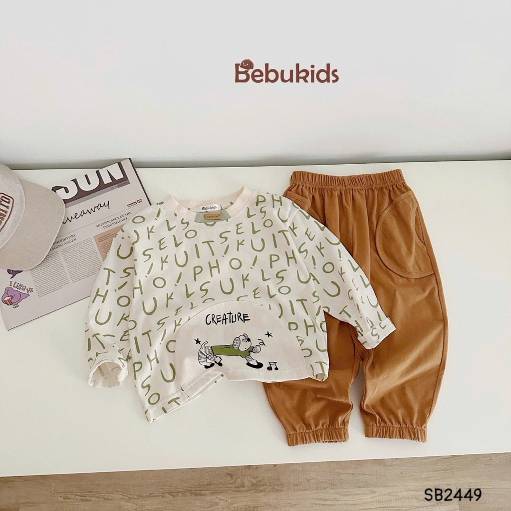 Set dài tay in tràn chữ cái Bebukids màu sắc bắt mắt chất liệu cotton 2 chiều mềm mại cho bé 8-21kg