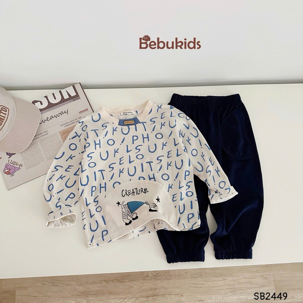 Set dài tay in tràn chữ cái Bebukids màu sắc bắt mắt chất liệu cotton 2 chiều mềm mại cho bé 8-21kg