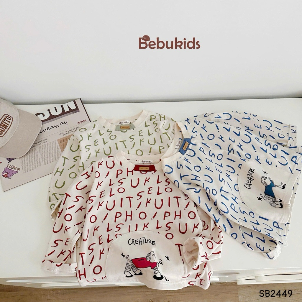 Set dài tay in tràn chữ cái Bebukids màu sắc bắt mắt chất liệu cotton 2 chiều mềm mại cho bé 8-21kg