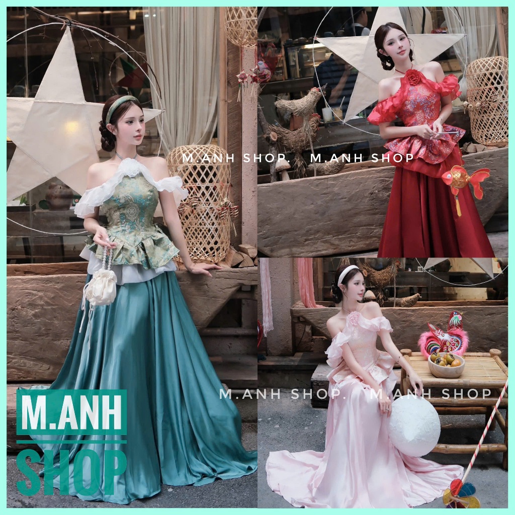 Sét Đồ Nữ Sang Chảnh Tiểu Thư Áo Kiểu Gấm Cổ Yếm Trễ Vai Chân Xòe Phối Chan Váy Mặc Lễ Tết Xinh Đẹp