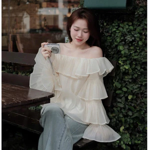 Áo voan tơ trễ vai thiết kế tay bồng xoè tầng nhún bèo cao cấp , chất liệu voan tơ mềm mại -3 màu : đen , kem , nâu