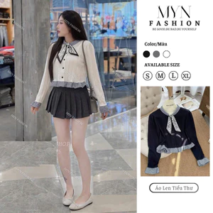 Áo Len Nữ Dài Tay Cổ Gắn Nơ Dáng Tiểu Thư, Áo Len Tiểu Thư Cổ Đính Ngọc Phối Viền Kẻ Buộc Nơ Viền Tay Bèo Tiểu Thư