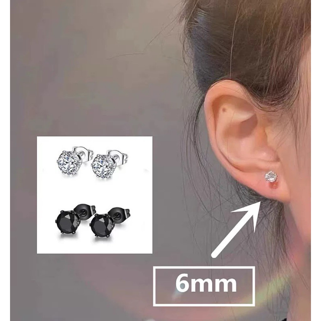 Bông tai nam nữ unisex inox đá tròn trắng đen chuôi đẩy không gỉ BY ACCESSORIES