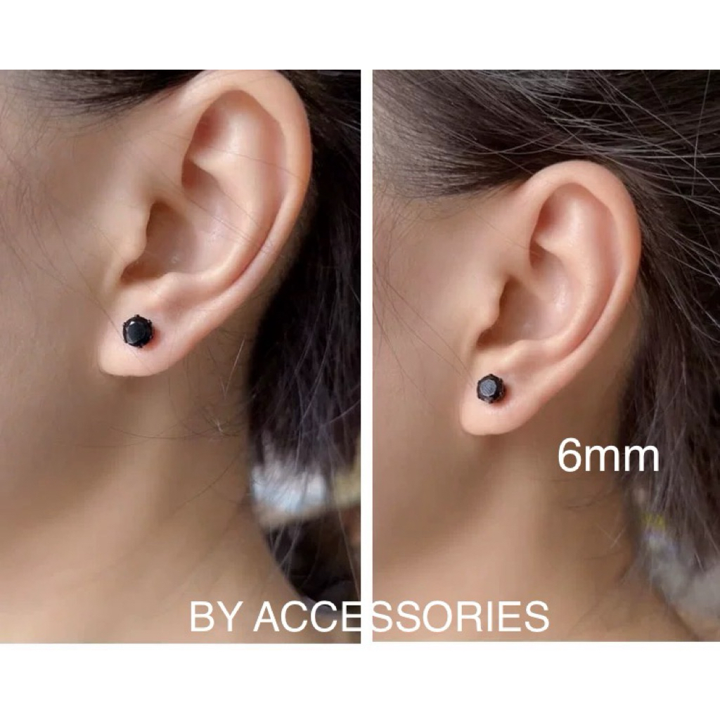 Bông tai nam nữ unisex inox đá tròn trắng đen chuôi đẩy không gỉ BY ACCESSORIES