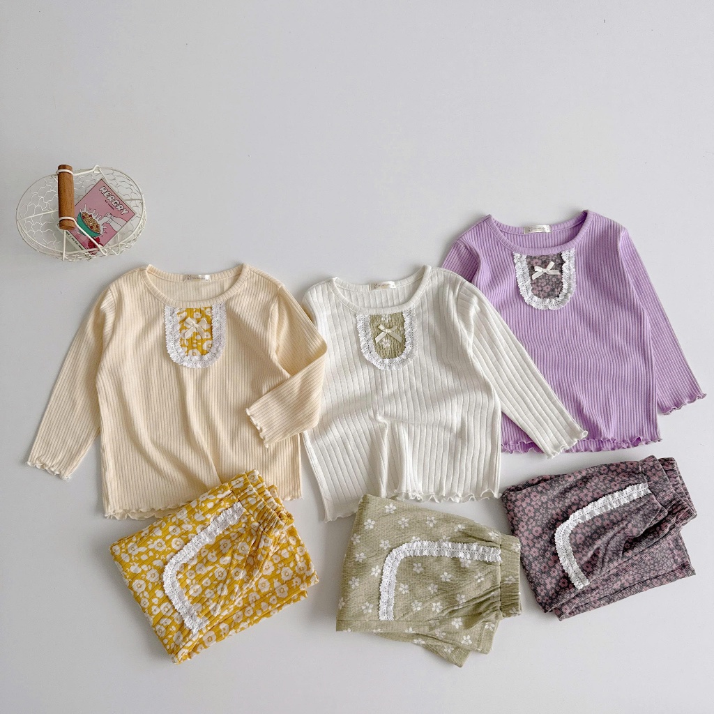 Set bộ dài tay bé gái Miniumbaby, set bộ thu đông bé gái ngực đính nơ hoa chất cotton mềm mịn SB2569