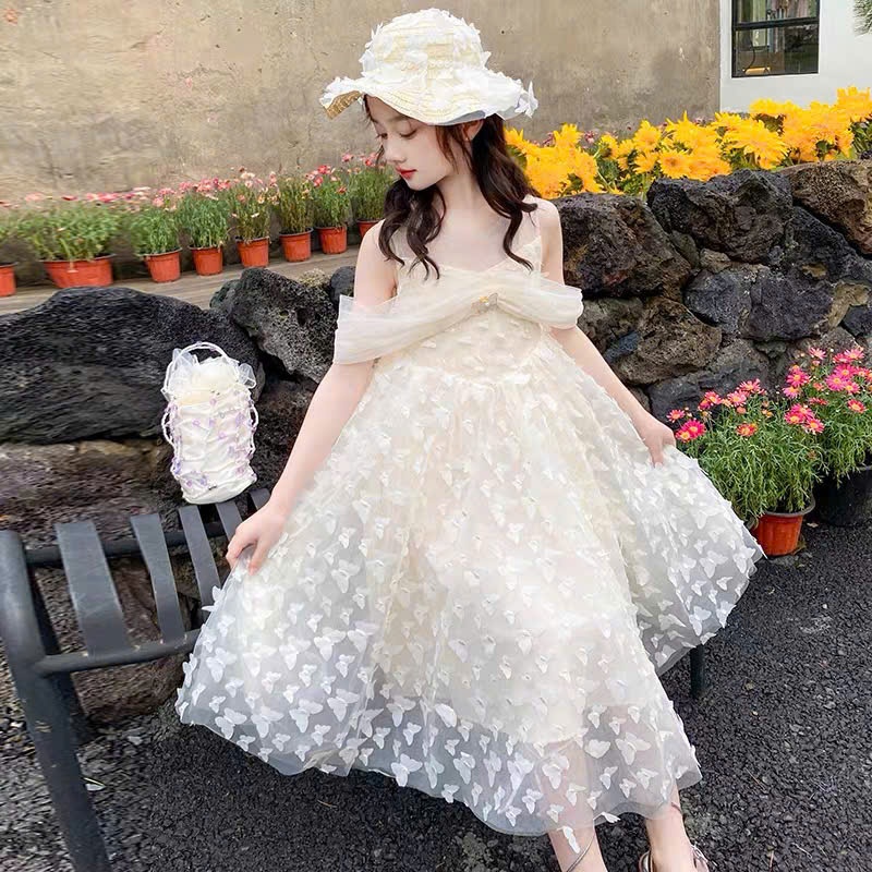 Váy bé gái công chúa trễ vai dáng dài bồng bềnh đính họa tiết hoa nổi siêu xinh, cho bé gái và mẹ yêu từ 13-56kg