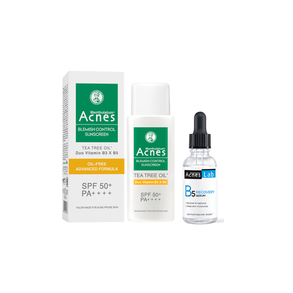 Combo chăm sóc, phục hồi da cháy nắng tối ưu cho da mụn, da nhạy cảm Acnes (Serum dưỡng B5 25ml + Sữa chống nắng)