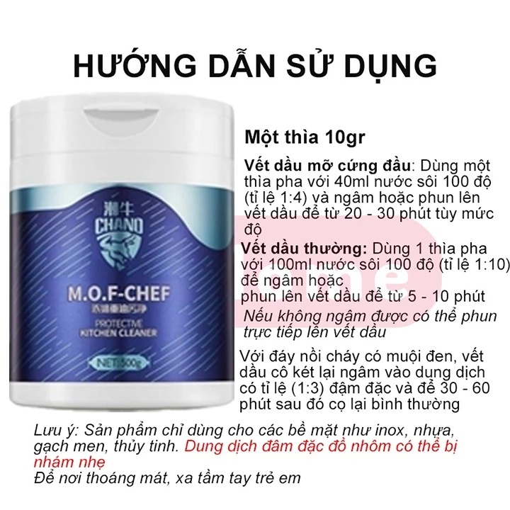 Bột Tẩy Rửa Dầu Mỡ Đa Năng Nhà Bếp MOF CHEF CHANO 500g - Tẩy Sạch Vết Dầu Mỡ Lâu Ngày Cho Đồ Gia Đình