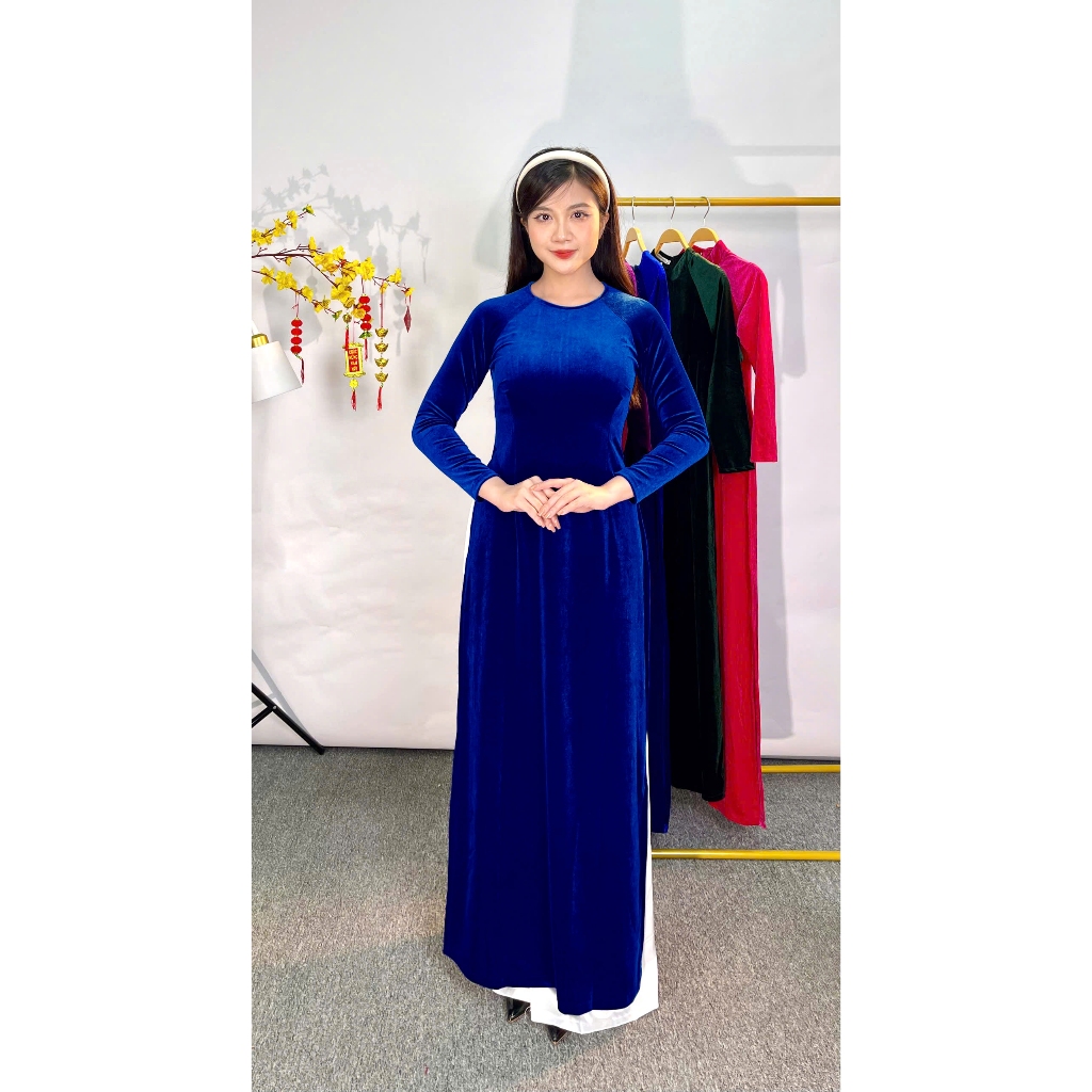 Áo dài truyền thống cổ tròn, Áo dài nhung cho mẹ cổ kiềng, chất liệu nhung tuyết cao cấp mềm mịn