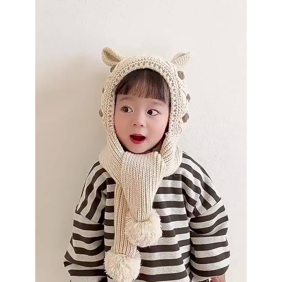 Mũ Nón Liền Khăn Quàng Cổ Dệt Kim Bảo Vệ Tai Giữ Ấm Cho Bé Phong Cách Hàn Quốc