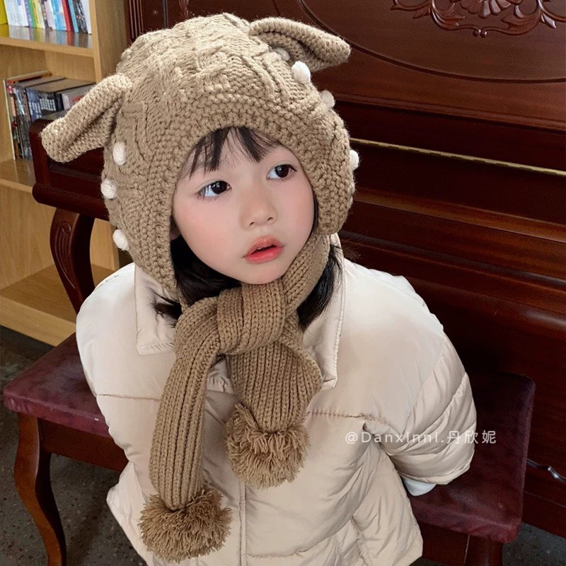 Mũ Nón Liền Khăn Quàng Cổ Dệt Kim Bảo Vệ Tai Giữ Ấm Cho Bé Phong Cách Hàn Quốc