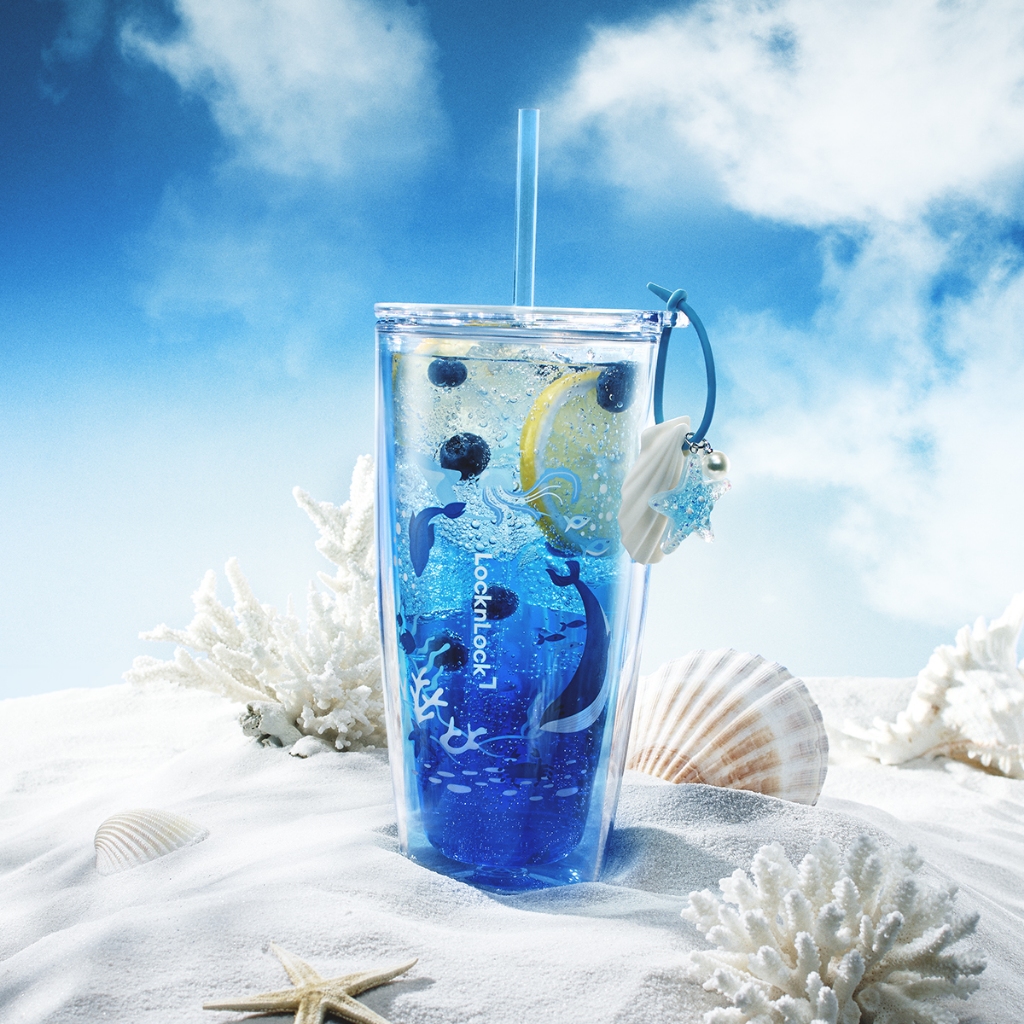 Ly Nhựa 2 Lớp LocknLock Duoble Wall Cold Cup 750ML HAP534BLU Kèm Ống Hút, Phụ Kiện Trang Trí K-MALL