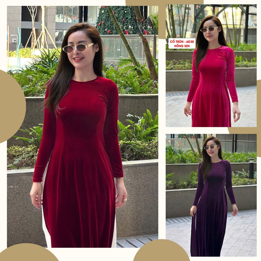 Áo dài truyền thống cổ tròn, Áo dài nhung cho mẹ cổ kiềng, chất liệu nhung tuyết cao cấp mềm mịn