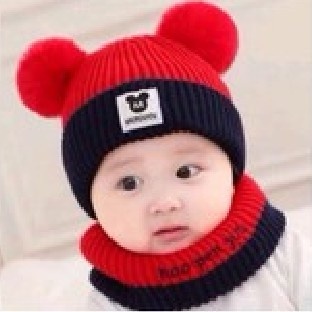 Mũ nón len 2 quả bông kèm khăn quàng cổ cực ấm cho bé chất dầy