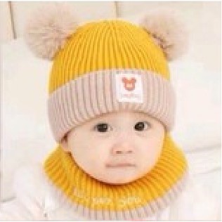 Mũ nón len 2 quả bông kèm khăn quàng cổ cực ấm cho bé chất dầy