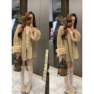 LT - Áo choàng len cadigan thừng dài tay thu đông, áo len mix tay lông cổ vest sang trọng kèm tag free size 1415