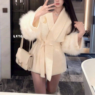 LT - Áo choàng len cadigan thừng dài tay thu đông, áo len mix tay lông cổ vest sang trọng kèm tag free size 1415