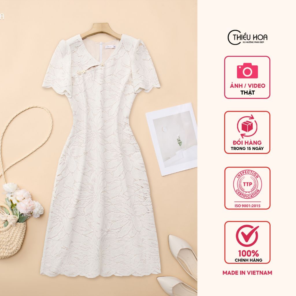 Đầm trung niên chất liệu Ren thun với thiết kế thanh lịch sang trọng thương hiệu Thiều Hoa DD5X0503