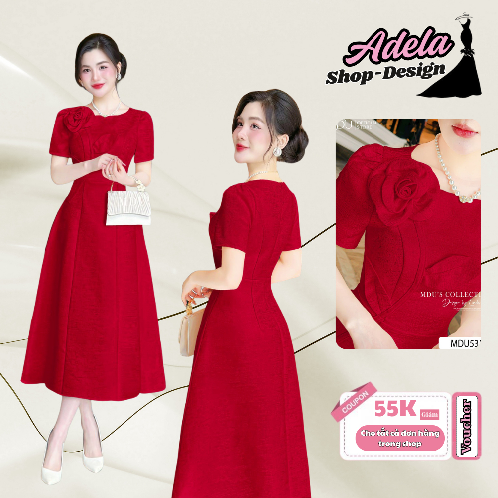 Váy Thiết Kế Dự Tiệc ADELA DESIGN Sắc Đỏ Ruby Quyền Lực, Chất Tafta Cao Cấp MDU5357