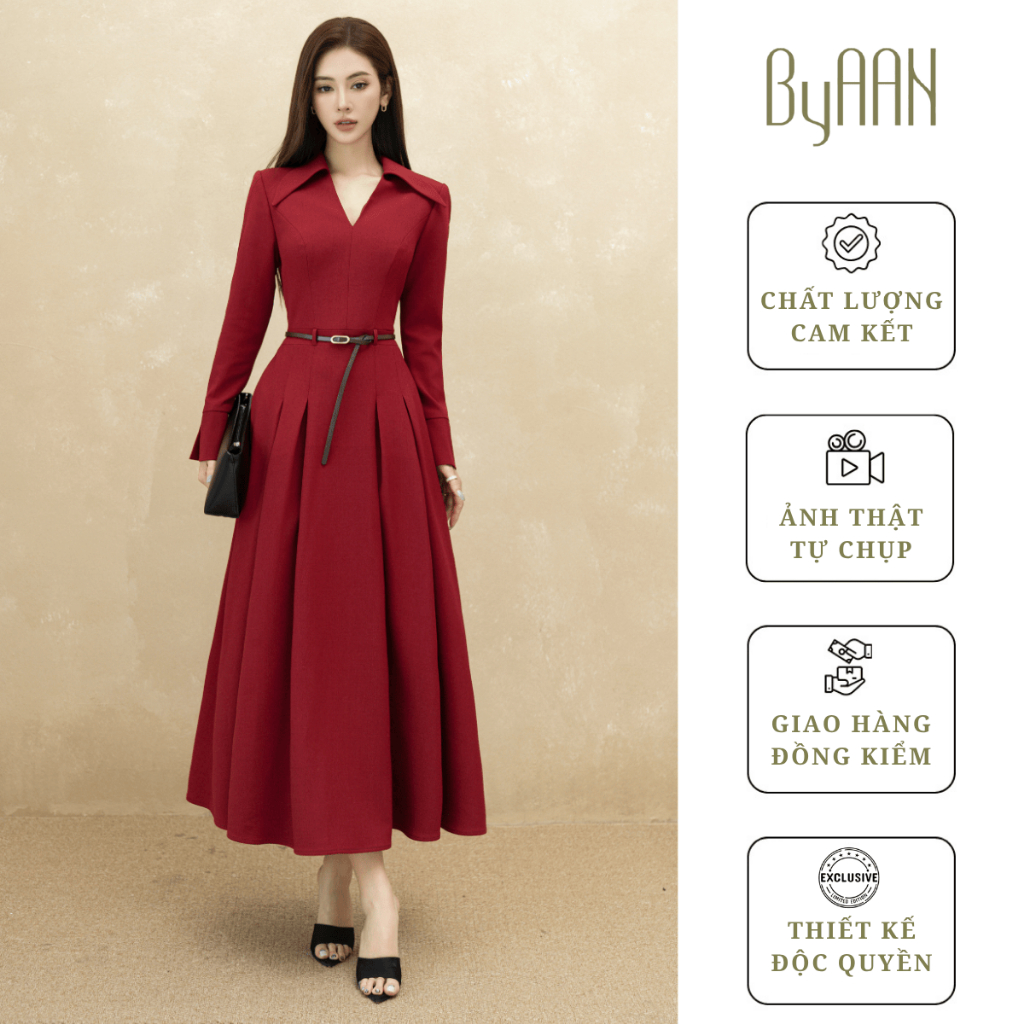 Váy Dài Cổ Lá Dài Thiết Kế Tay Dài Phối Xếp Ly Bản To Tôn Dáng - ByAAN A128