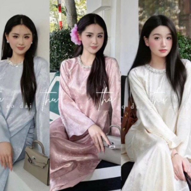 BST Áo Dài Tết 2026- Áo dài chiêu giao ,áo dài cách tân dáng xuông vải gấm cổ đính ngọc kết hợp tay áo loe sang trọng