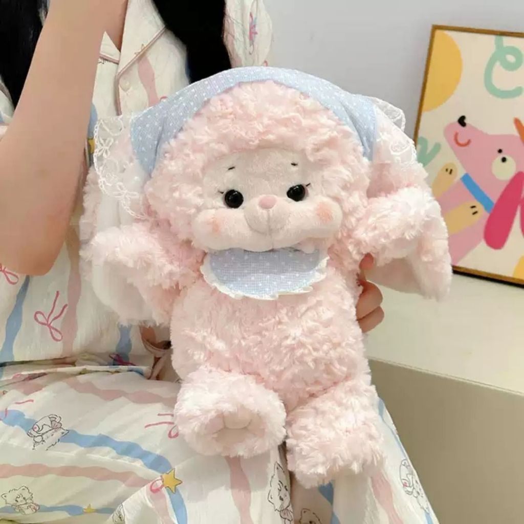 Gấu Bông Thỏ Hồng Đội Khăn Đeo Yếm Siêu Dễ Thương, Thú Nhồi Bông Thỏ Lông Xoăn Mềm Mại Quà Tặng Cho Bé,Ban Gái