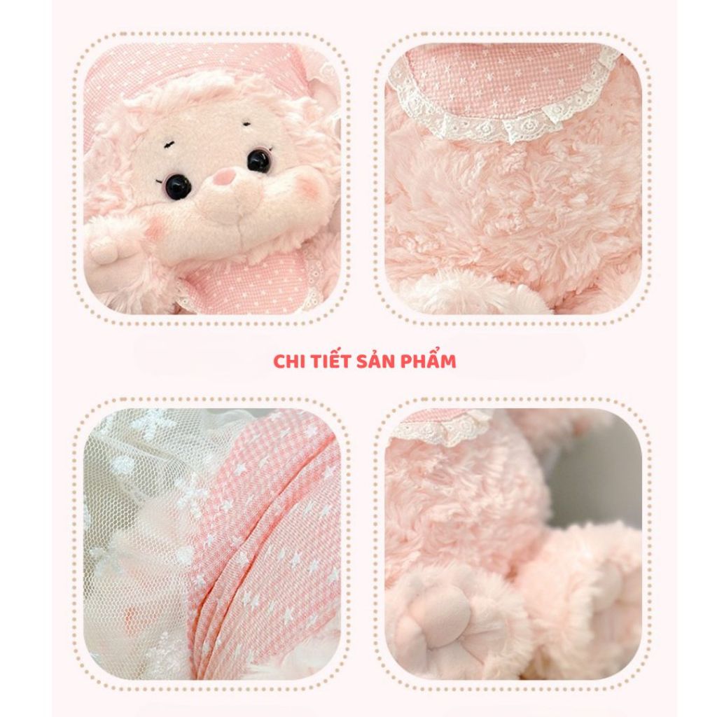 Gấu Bông Thỏ Hồng Đội Khăn Đeo Yếm Ren Siêu Cấp Dễ Thương, Thú Nhồi Bông Thỏ Lông Xoăn Mềm Mại Quà Tặng Cho Bé