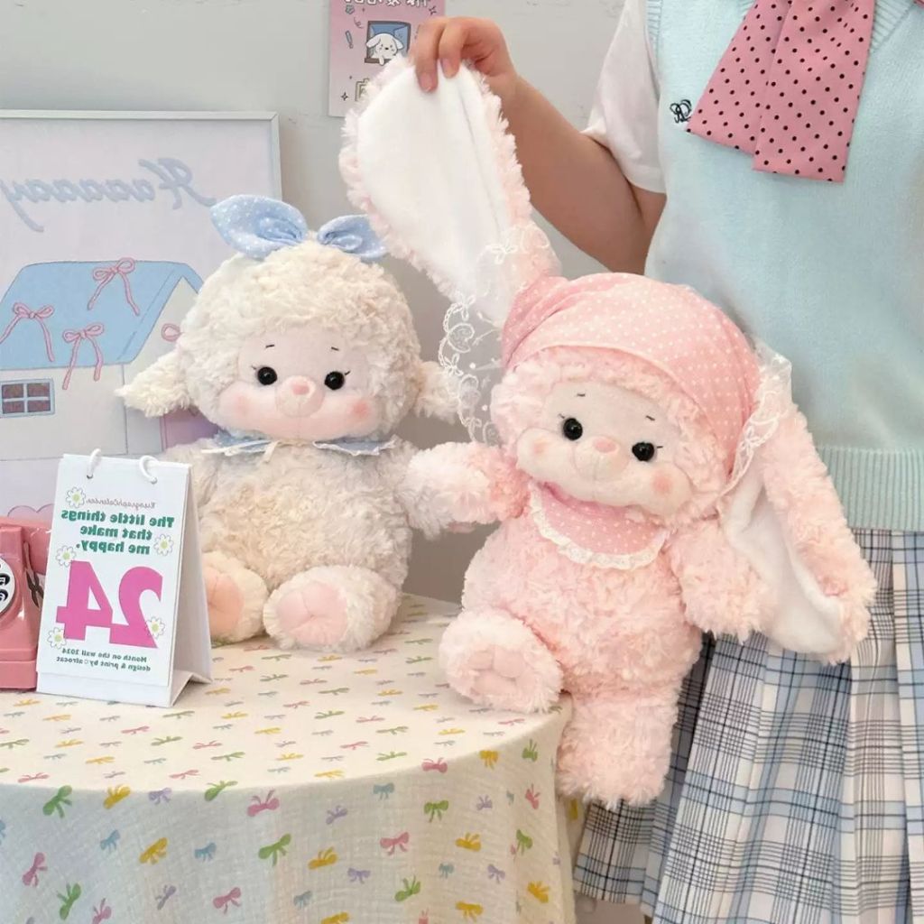 Gấu Bông Thỏ Đội Khăn Yếm Ren Siêu Dễ Thương, Thỏ Bông Hồng Lông Xoắn Mềm Mại Quà Tặng Cho Bé
