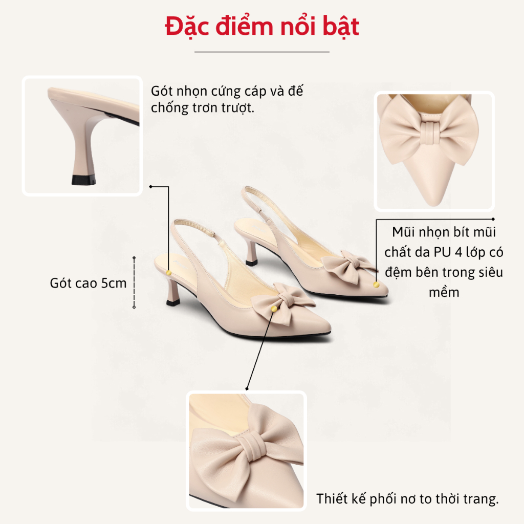 Giày Cao Gót Slingback Nữ Cao 5cm Mũi Nhọn Pixie H344