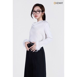Áo Kiểu Nữ 𝐂𝐂𝐇𝐀𝐓 Dáng Suông Cổ Đổ Đính Lông Chất Liệu Lụa Mát 24ADL8005ST