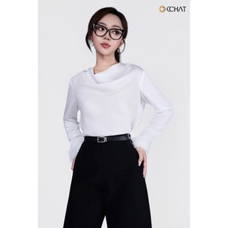 Áo Kiểu Nữ 𝐂𝐂𝐇𝐀𝐓 Dáng Suông Cổ Đổ Đính Lông Chất Liệu Lụa Mát 24ADL8005ST