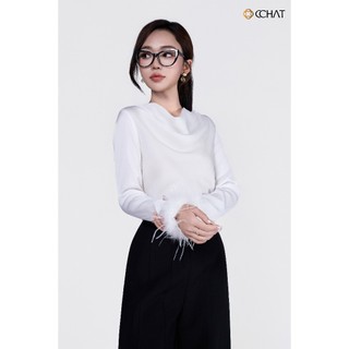 Áo Kiểu Nữ 𝐂𝐂𝐇𝐀𝐓 Dáng Suông Cổ Đổ Đính Lông Chất Liệu Lụa Mát 24ADL8005ST