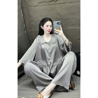 Đồ Bộ Pijama Lụa LaTin Tơ Tằm Hoạ Tiết Gấu Nâu Thiết Kế Nữ (Có Túi Quần 40kg-60kg)