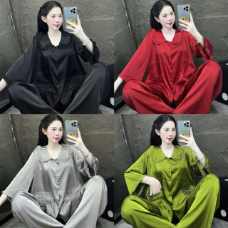 Đồ Bộ Pijama Lụa LaTin Tơ Tằm Hoạ Tiết Gấu Nâu Thiết Kế Nữ (Có Túi Quần 40kg-60kg)
