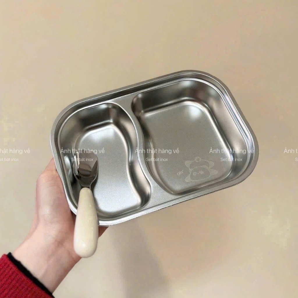 Khay inox Ăn 2 Ngăn Kèm Thìa Hình Thú - Khay Ăn Dặm inox 304 Dễ Thương Cho Các Bé An Toàn, Dễ Vệ Sinh, Chống Rơi Vỡ