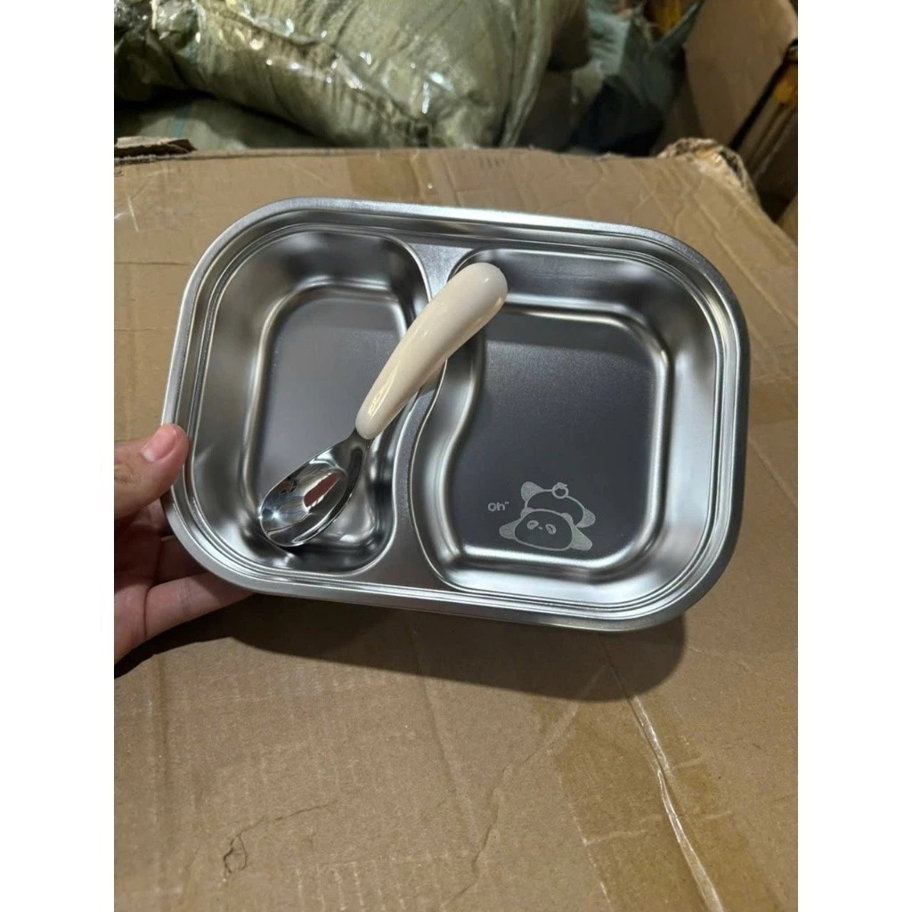 Khay inox Ăn 2 Ngăn Kèm Thìa Hình Thú - Khay Ăn Dặm inox 304 Dễ Thương Cho Các Bé An Toàn, Dễ Vệ Sinh, Chống Rơi Vỡ