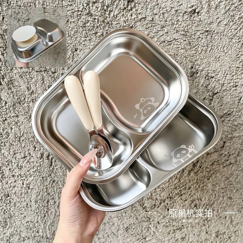 Khay inox Ăn 2 Ngăn Kèm Thìa Hình Thú - Khay Ăn Dặm inox 304 Dễ Thương Cho Các Bé An Toàn, Dễ Vệ Sinh, Chống Rơi Vỡ