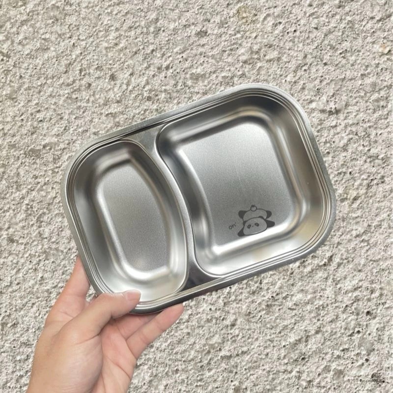 Khay inox Ăn 2 Ngăn Kèm Thìa Hình Thú - Khay Ăn Dặm inox 304 Dễ Thương Cho Các Bé An Toàn, Dễ Vệ Sinh, Chống Rơi Vỡ