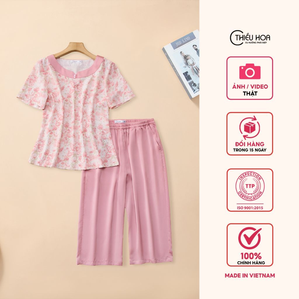 Set đồ bộ trung niên chất liệu Lụa Sóng Ngọc phối lụa mát lạnh thương hiệu Thiều Hoa DB5Y0422