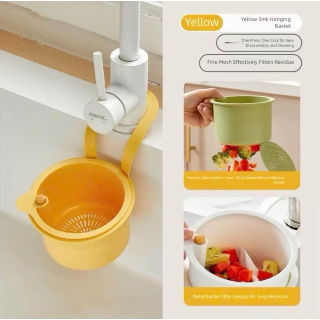 Giỏ treo bồn rửa chén đa năng có lỗ thoát nước, rổ lọc rác tích hợp nút bấm đổ thức ăn thừa tiện lợi có thể tháo rời