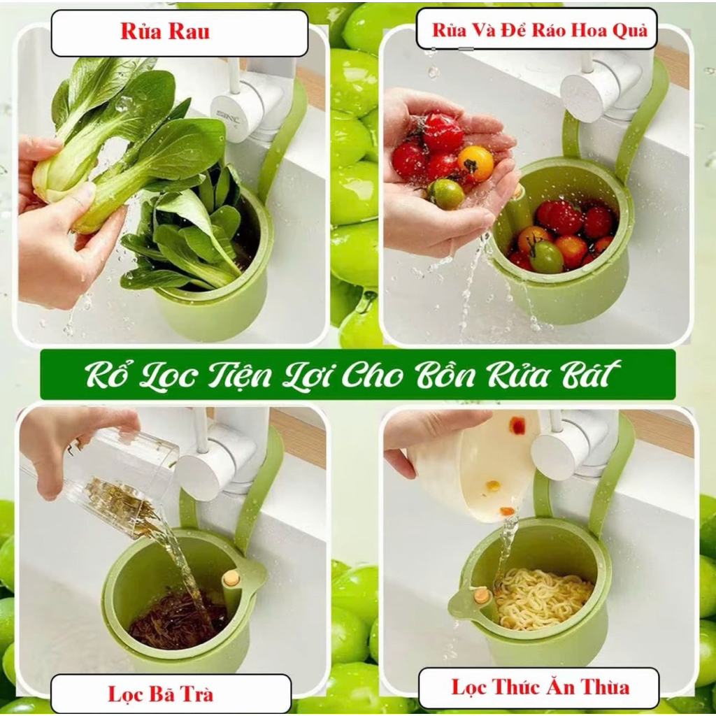 Giỏ treo bồn rửa chén đa năng có lỗ thoát nước, rổ lọc rác tích hợp nút bấm đổ thức ăn thừa tiện lợi có thể tháo rời